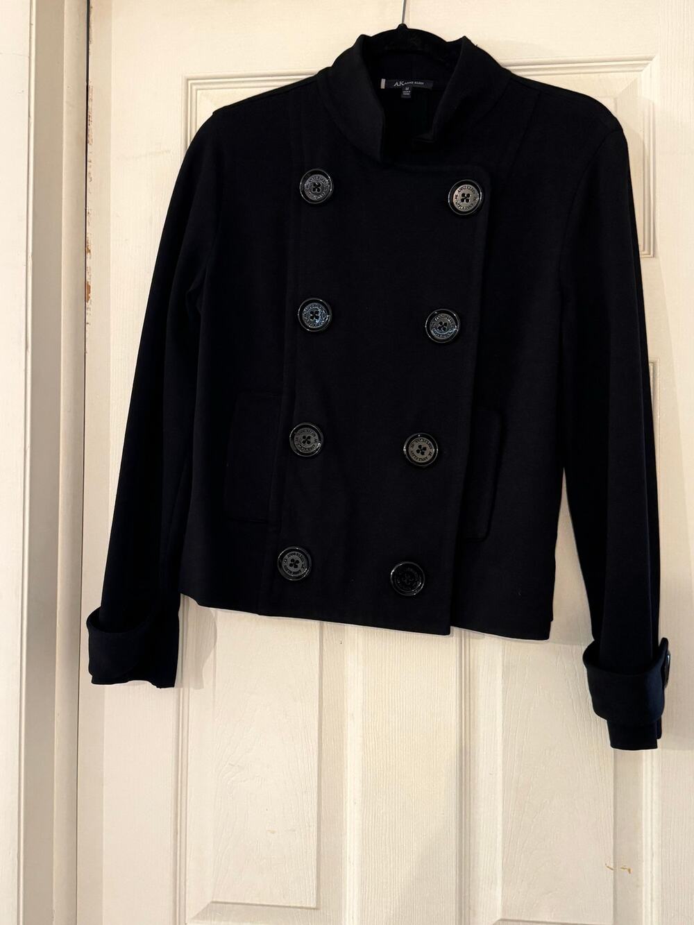 AK Anne Klein Black Double-Breasted Knit Jacket Stand Collar Size M